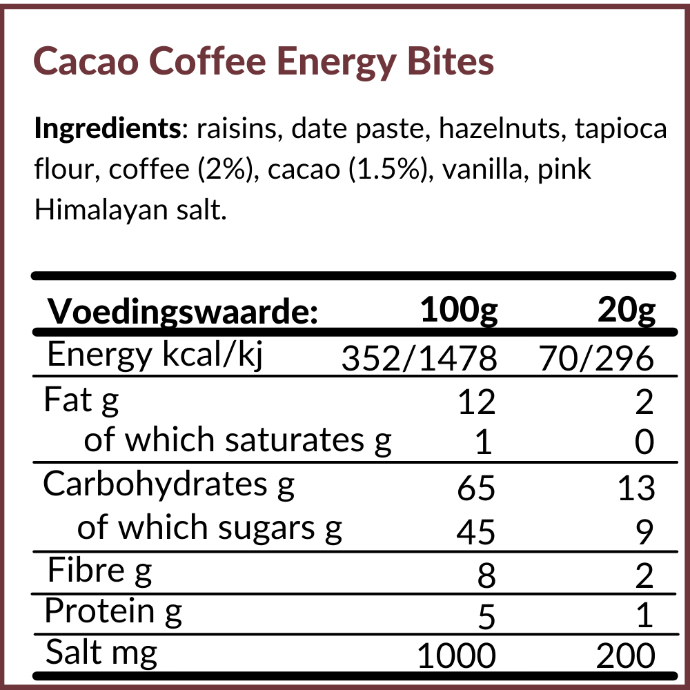 Verpakking van de Kalkman Cacao Coffee Energy Bites met voedingswaarden