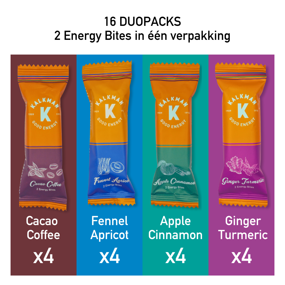 ENERGY BITES MIX PAKKET DUOPACK - 32 stuks, 4 smaken, gratis geleverd door je brievenbus.